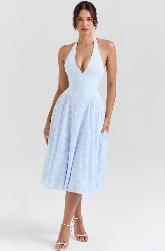 Arietta Bluebell Floral Jacquard Halter Midi Dress