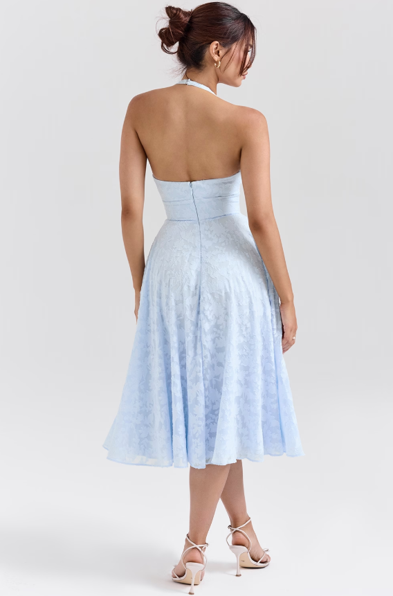 Arietta Bluebell Floral Jacquard Halter Midi Dress
