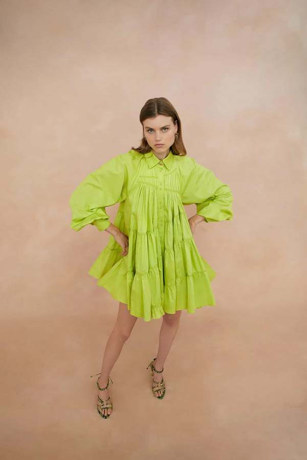 Cascade Gather Smock Mini Dress in Chartreuse Green