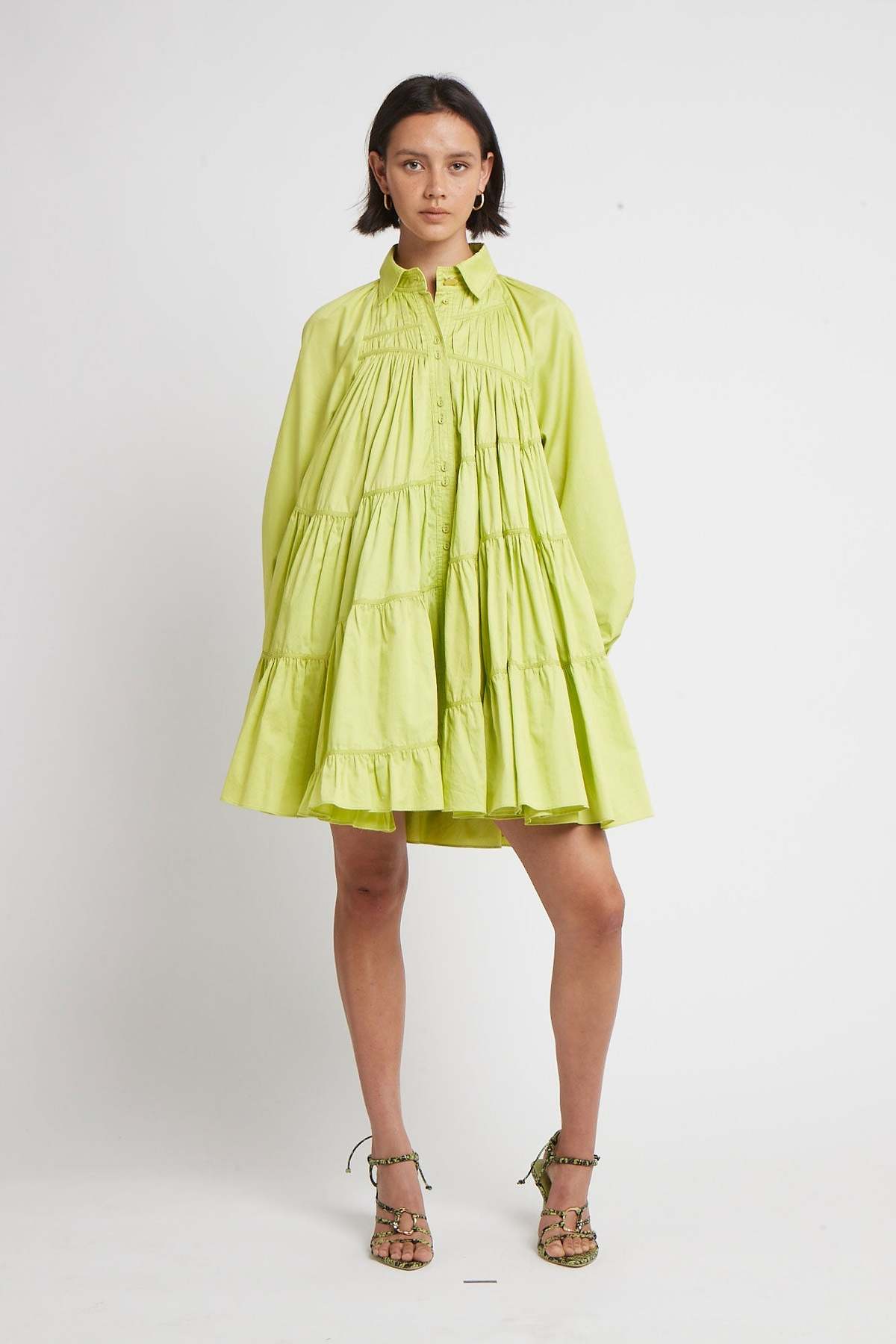 Cascade Gather Smock Mini Dress in Chartreuse Green