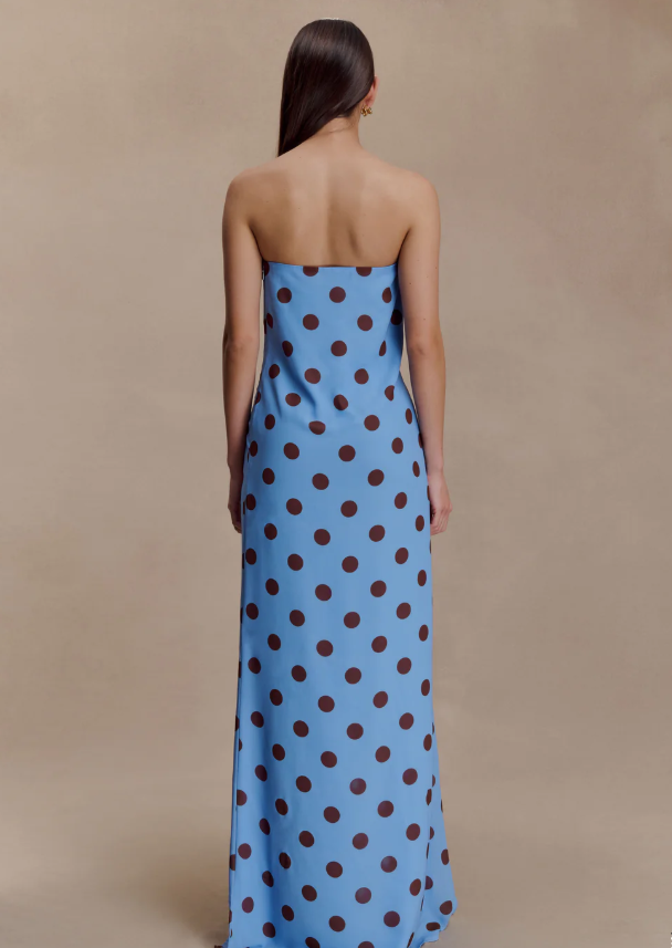 Amaya Strapless Chiffon Maxi Dress - Blue Polka Dot