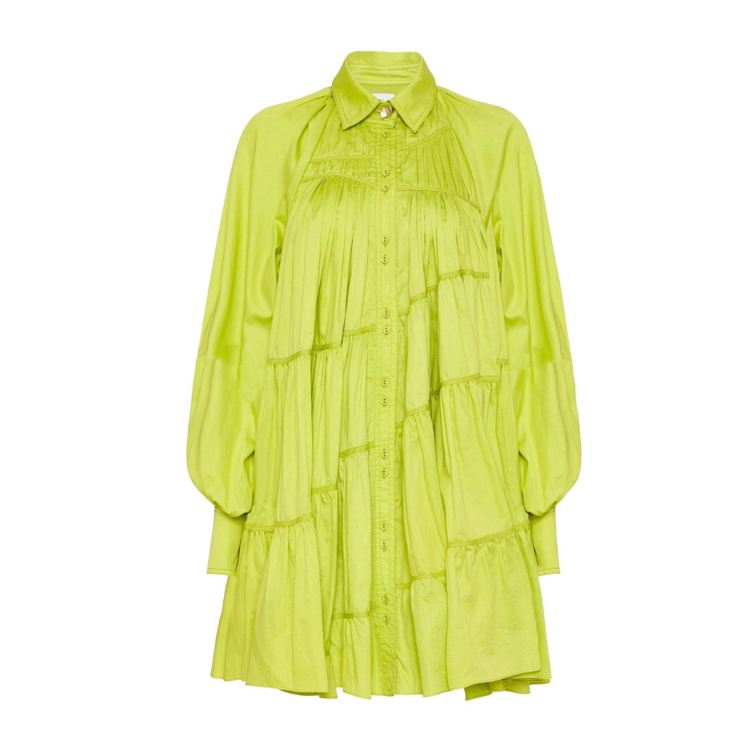 Cascade Gather Smock Mini Dress in Chartreuse Green