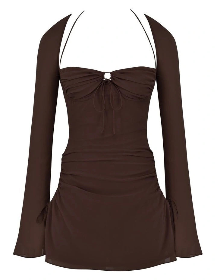 Dress Hire Australia [brand_name] Baby Chocolate Chiffon Cutout Halter Mini Dress - Momentary Wardrobe 