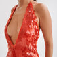 Primrose Sequin Halter Mini Dress - Firey Orange