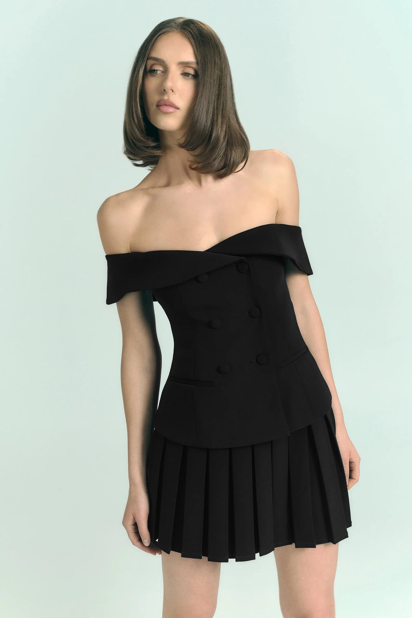 Krista Strapless Suiting Top and Mura Pleated Mini Skirt in Black