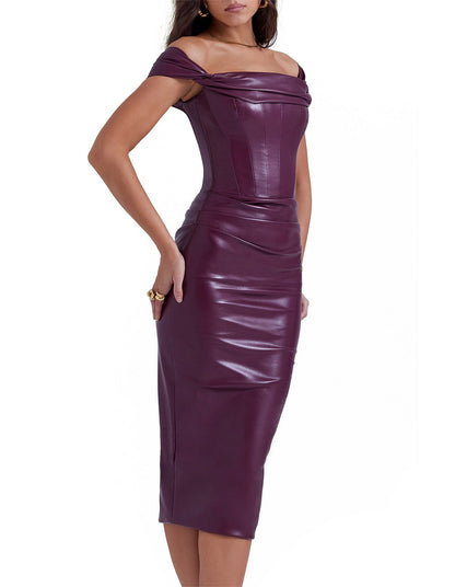 RAVEN VEGAN LEATHER CORSET DRESS MULBERRY