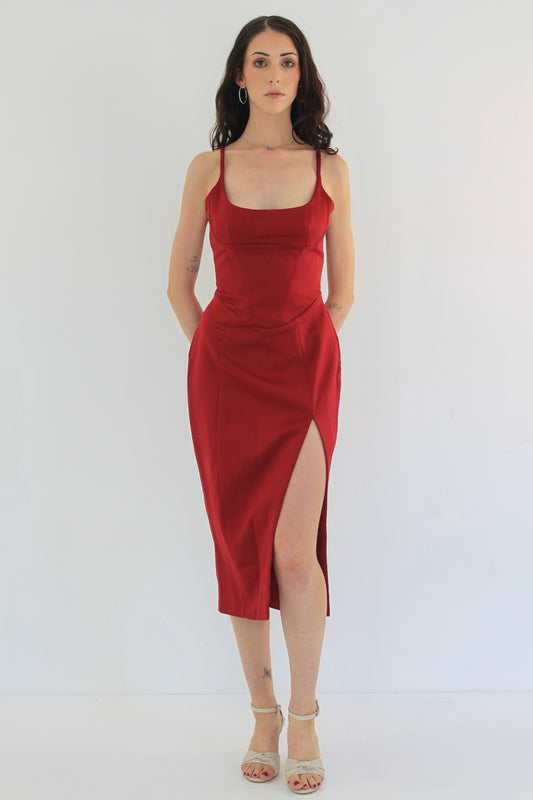 Dress Hire Australia [brand_name] Casimira Wine Satin Corset Midi Dress - Momentary Wardrobe 
