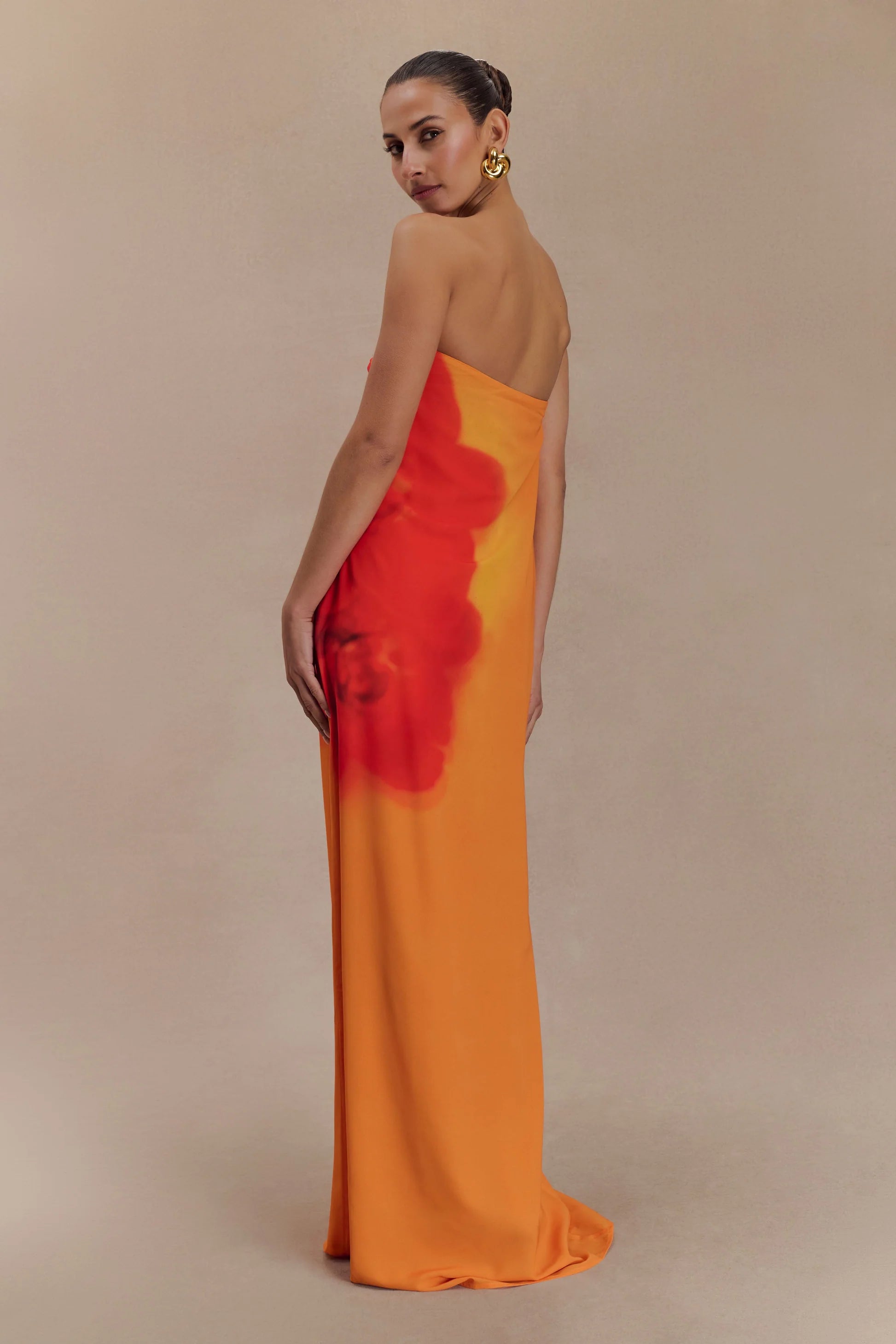 Amaya Strapless Chiffon Maxi Dress Koi Orchid Print