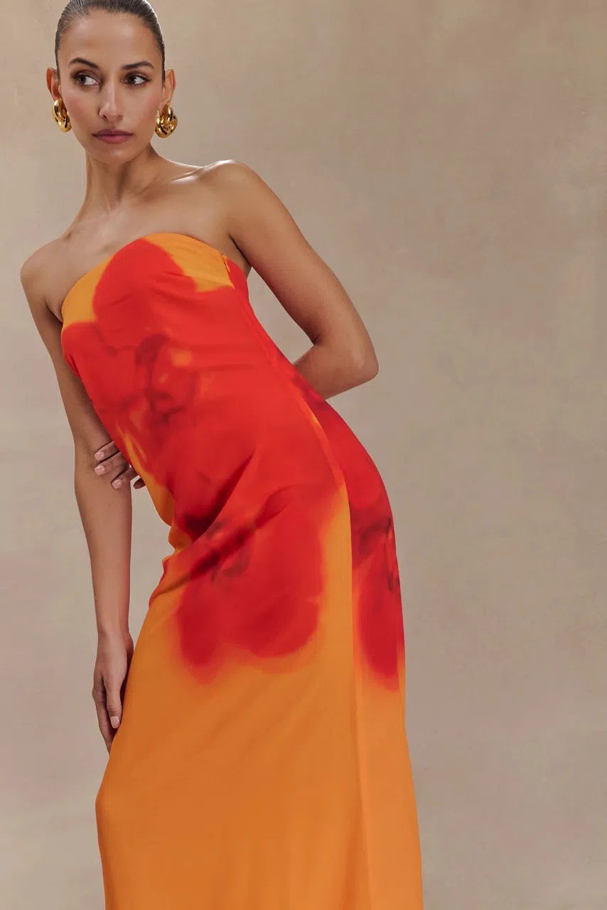 Amaya Strapless Chiffon Maxi Dress Koi Orchid Print