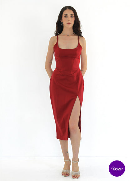 Casimira Wine Satin Corset Midi Dress