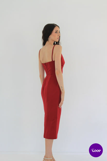 Casimira Wine Satin Corset Midi Dress