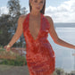 Primrose Sequin Halter Mini Dress - Firey Orange