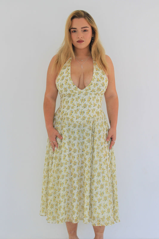 Dress Hire Australia [brand_name] Solada Ivory Vintage Floral Print Georgette Halter Sundress - Momentary Wardrobe 