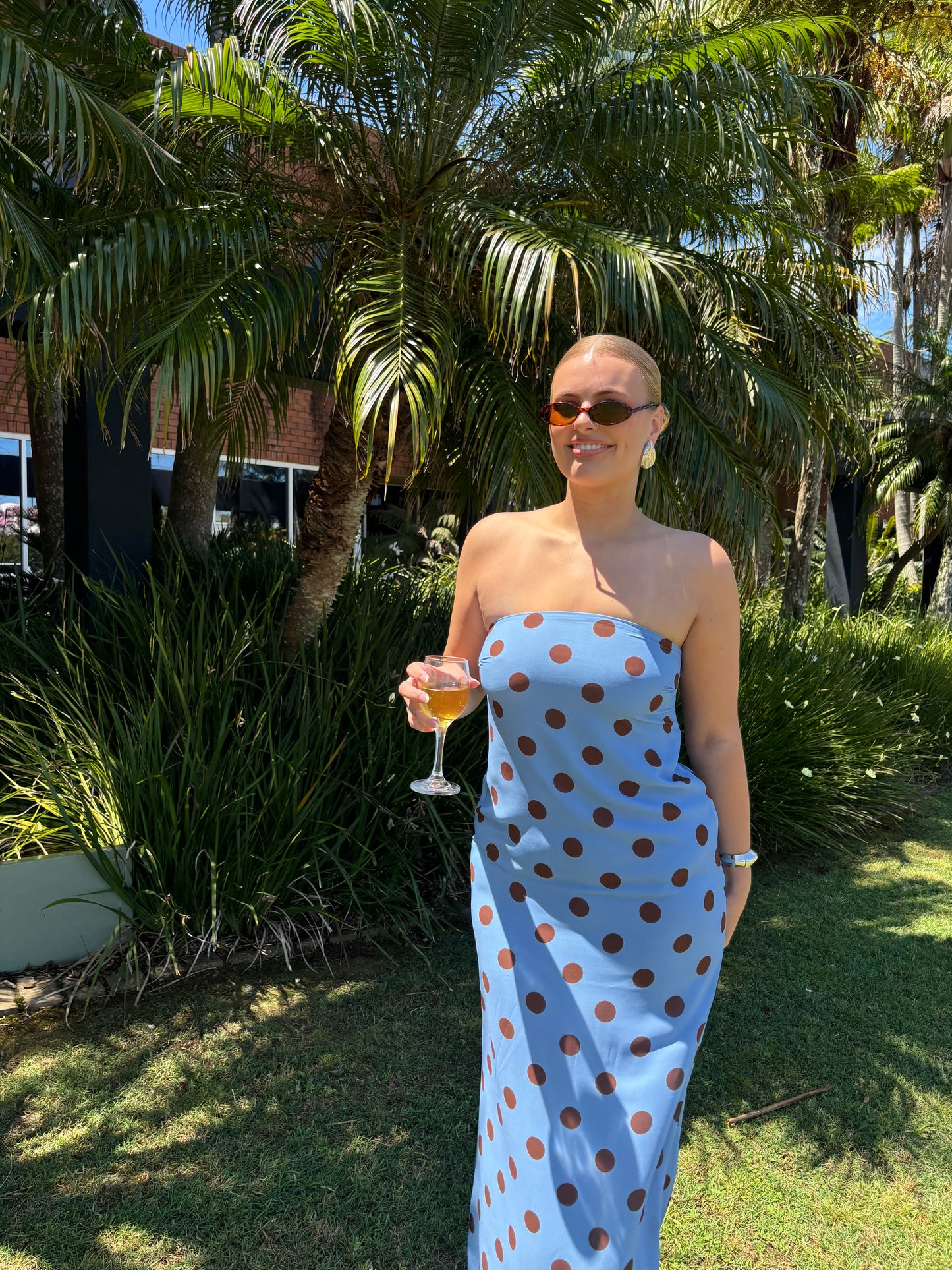 Amaya Strapless Chiffon Maxi Dress - Blue Polka Dot