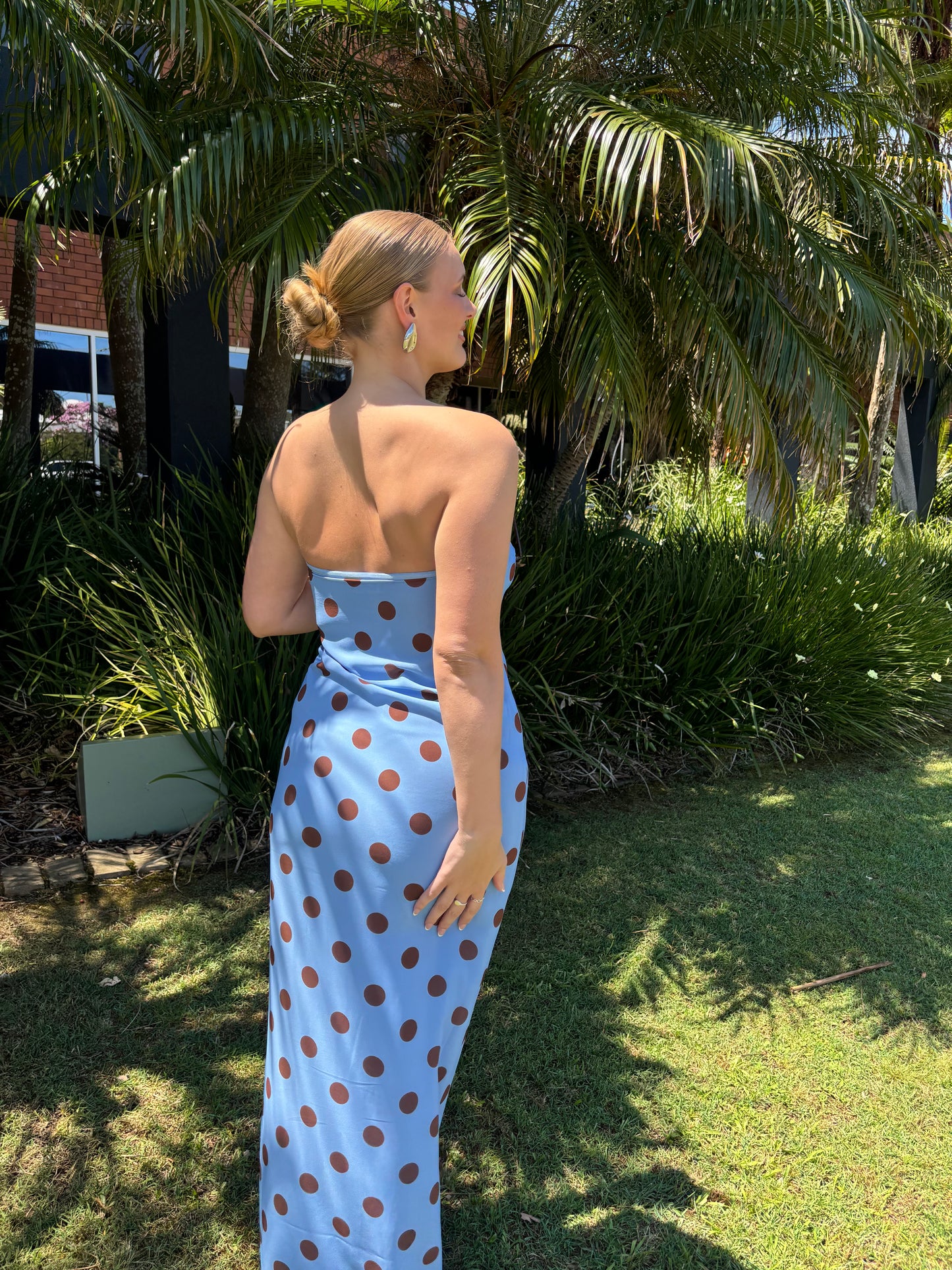 Amaya Strapless Chiffon Maxi Dress - Blue Polka Dot