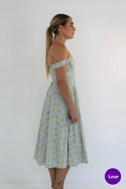 Saira Soft Blue Vintage Floral Print Cotton Midi Sundress