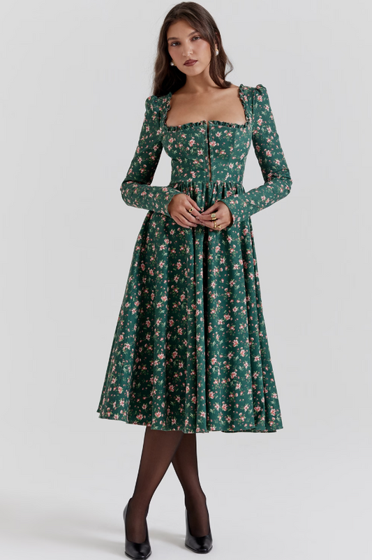 Dress Hire Australia [brand_name] Delia Green Floral Print Midi Dress - Momentary Wardrobe 
