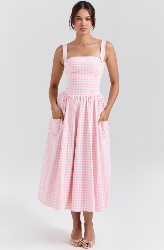 Dress Hire Australia [brand_name] Vivien Strawberry Shortcake Gingham Midi Sundress - Momentary Wardrobe 