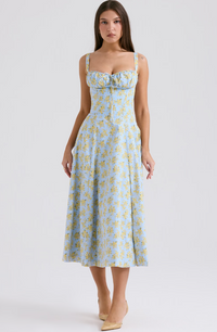 Carmen Soft Blue Vintage Floral Print Cotton Bustier Sundress