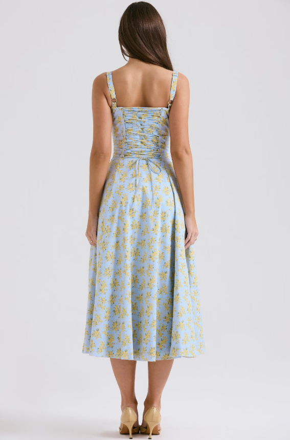 Carmen Soft Blue Vintage Floral Print Cotton Bustier Sundress