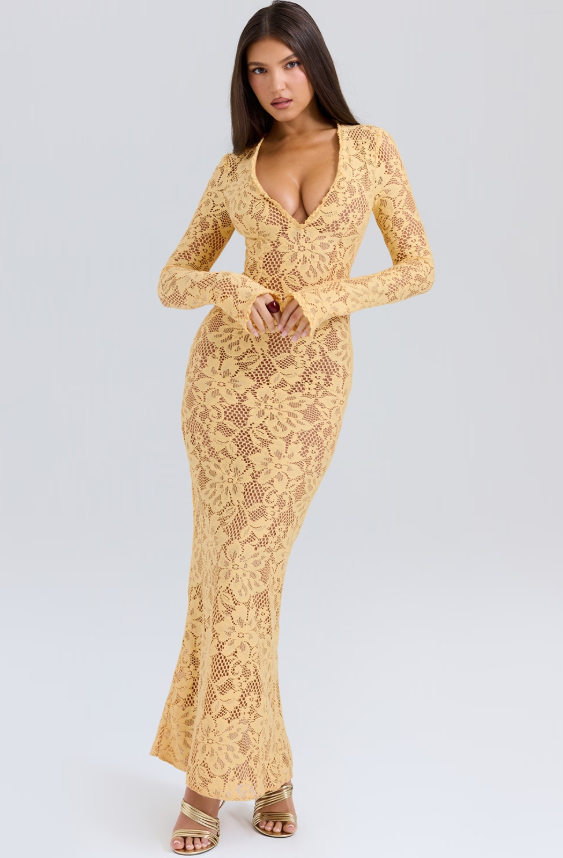 Indiana Apricot Plunge Lace Maxi Dress