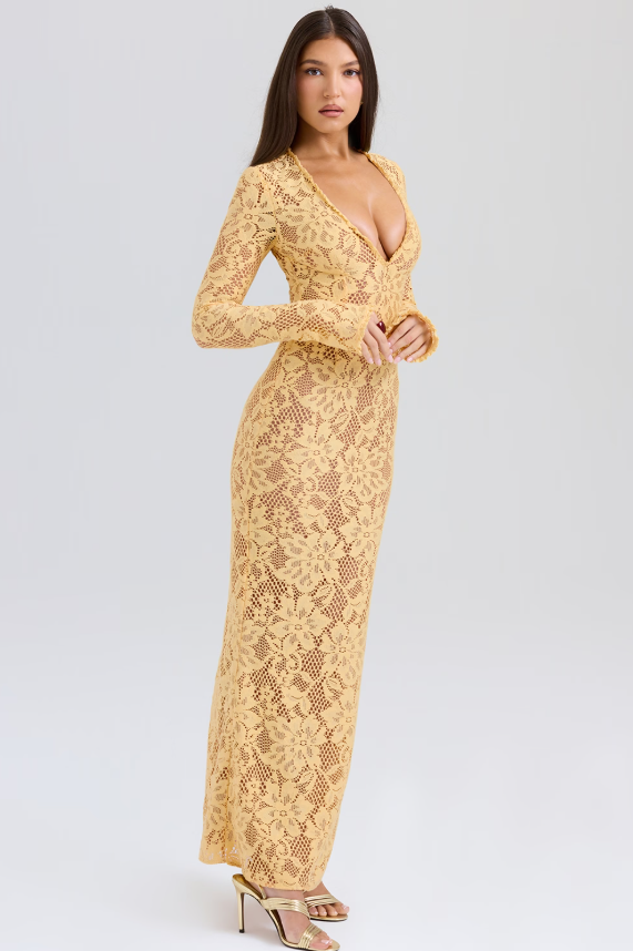 Indiana Apricot Plunge Lace Maxi Dress