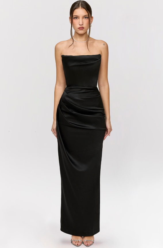 Adrienne Black Satin Strapless Corset Maxi