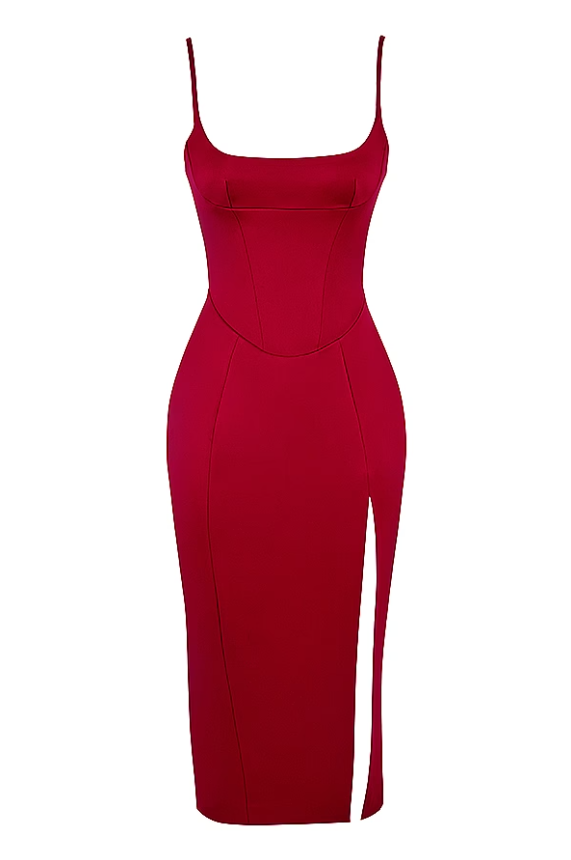 Casimira Wine Satin Corset Midi Dress