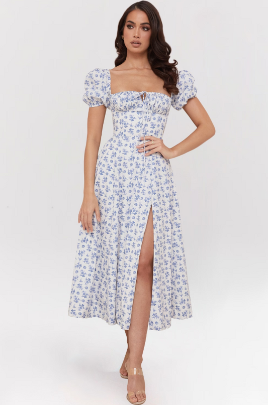Dress Hire Australia [brand_name] Tallulah Blue White Floral Midi Dress - Momentary Wardrobe 