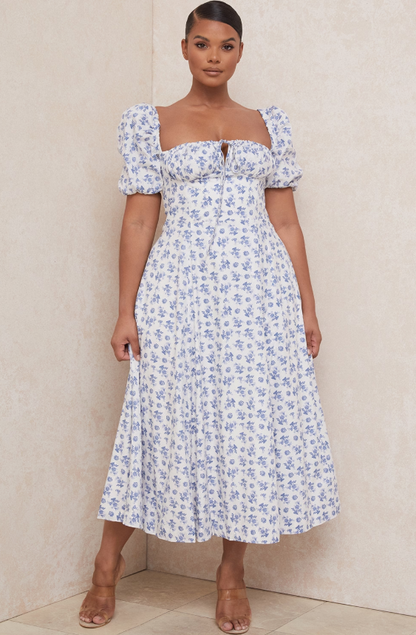 Dress Hire Australia [brand_name] Tallulah Blue White Floral Midi Dress - Momentary Wardrobe 