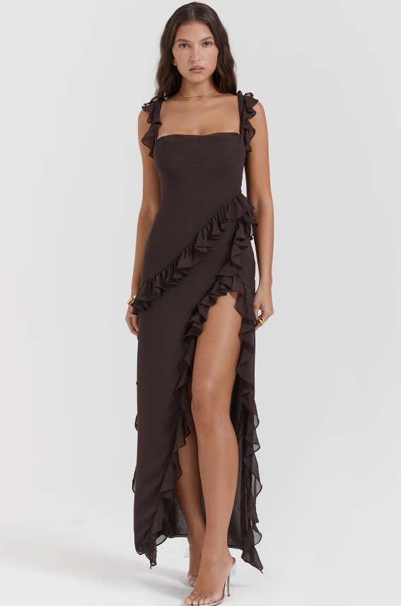 Ariela Espresso Ruffle Maxi Dress