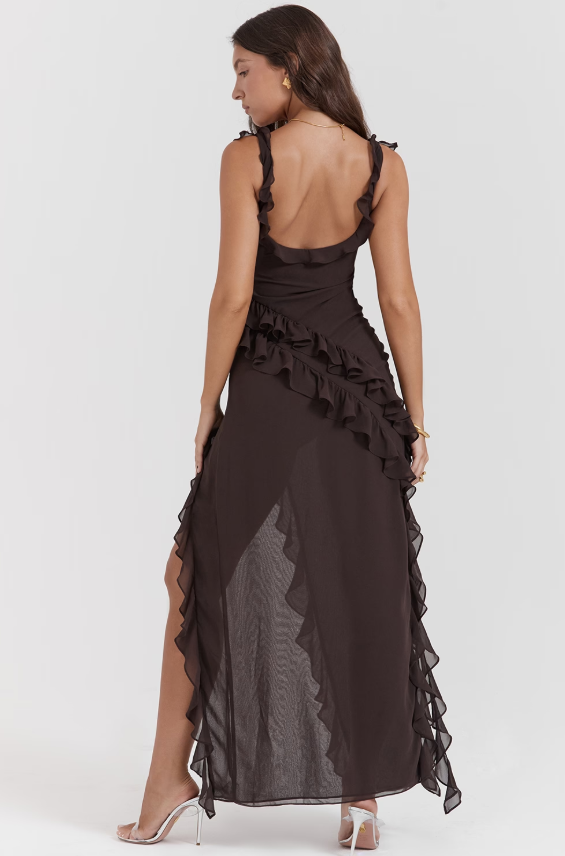 Ariela Espresso Ruffle Maxi Dress