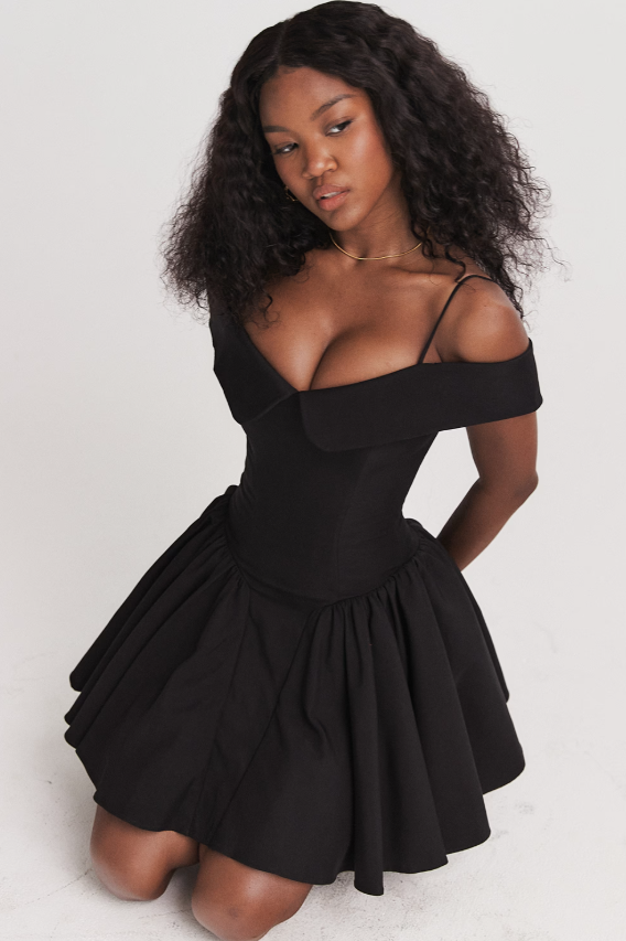 Elida Black Off Shoulder Mini Dress