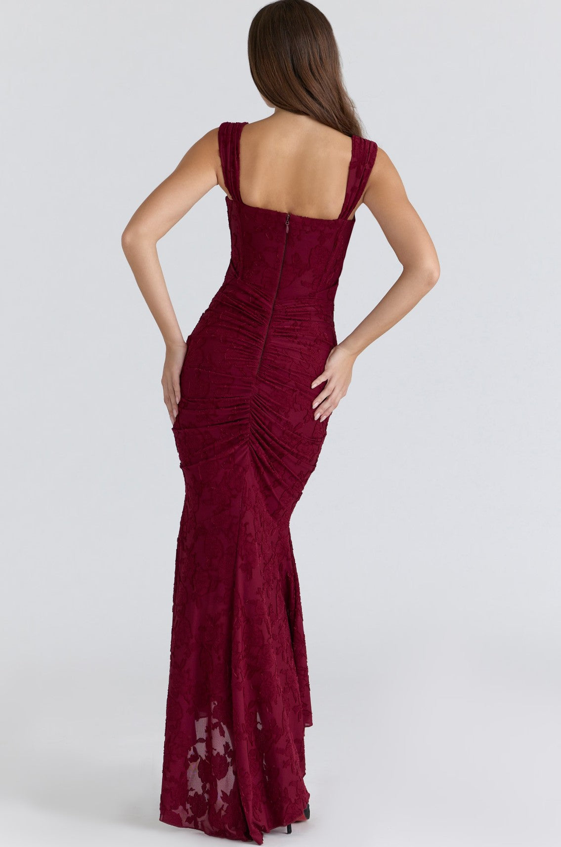 Cesca Wine Floral Lace Corset Maxi Dress