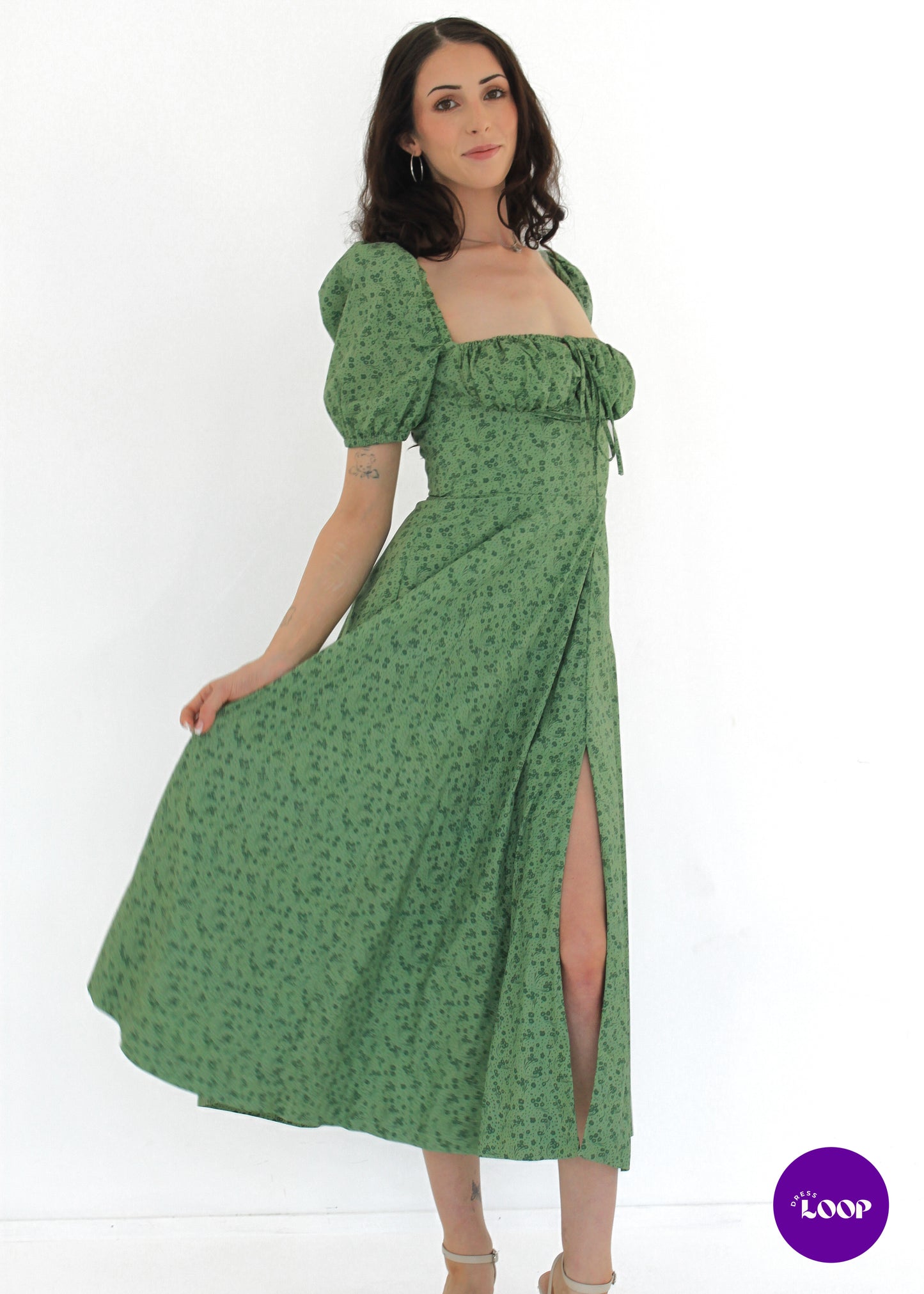 Tallulah Green Tonal Floral Puff Sleeve Midi Dress