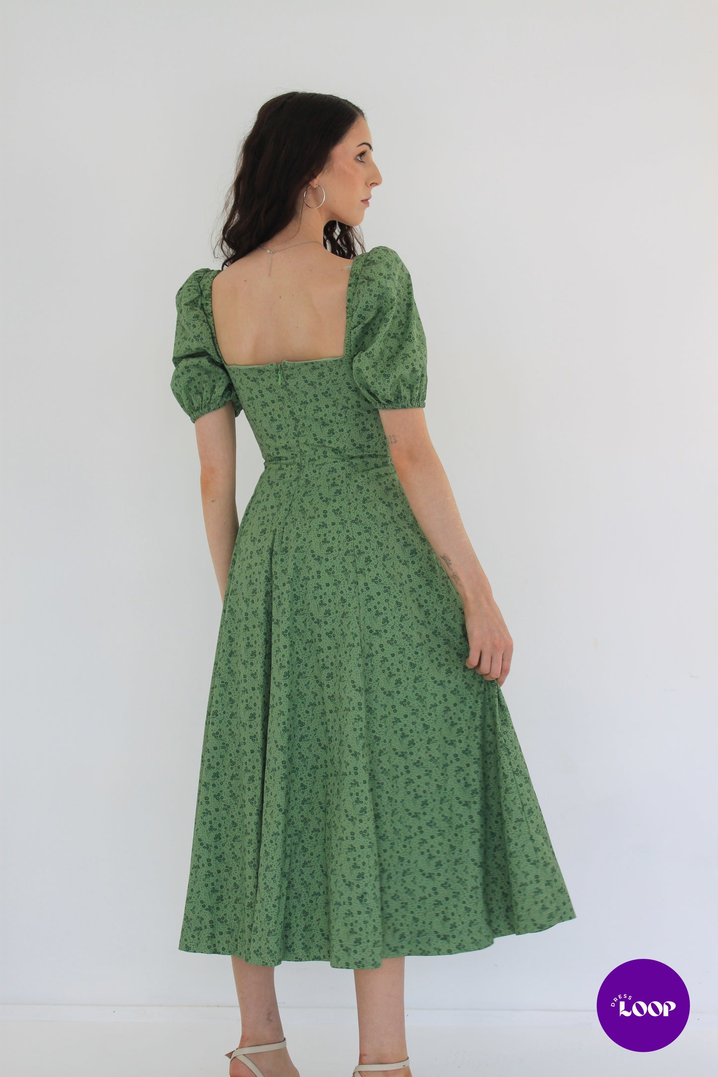 Tallulah Green Tonal Floral Puff Sleeve Midi Dress