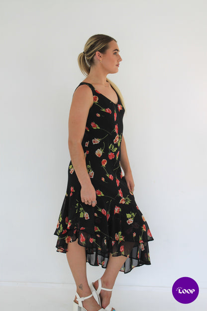 Vintage Black Floral Midi Dress