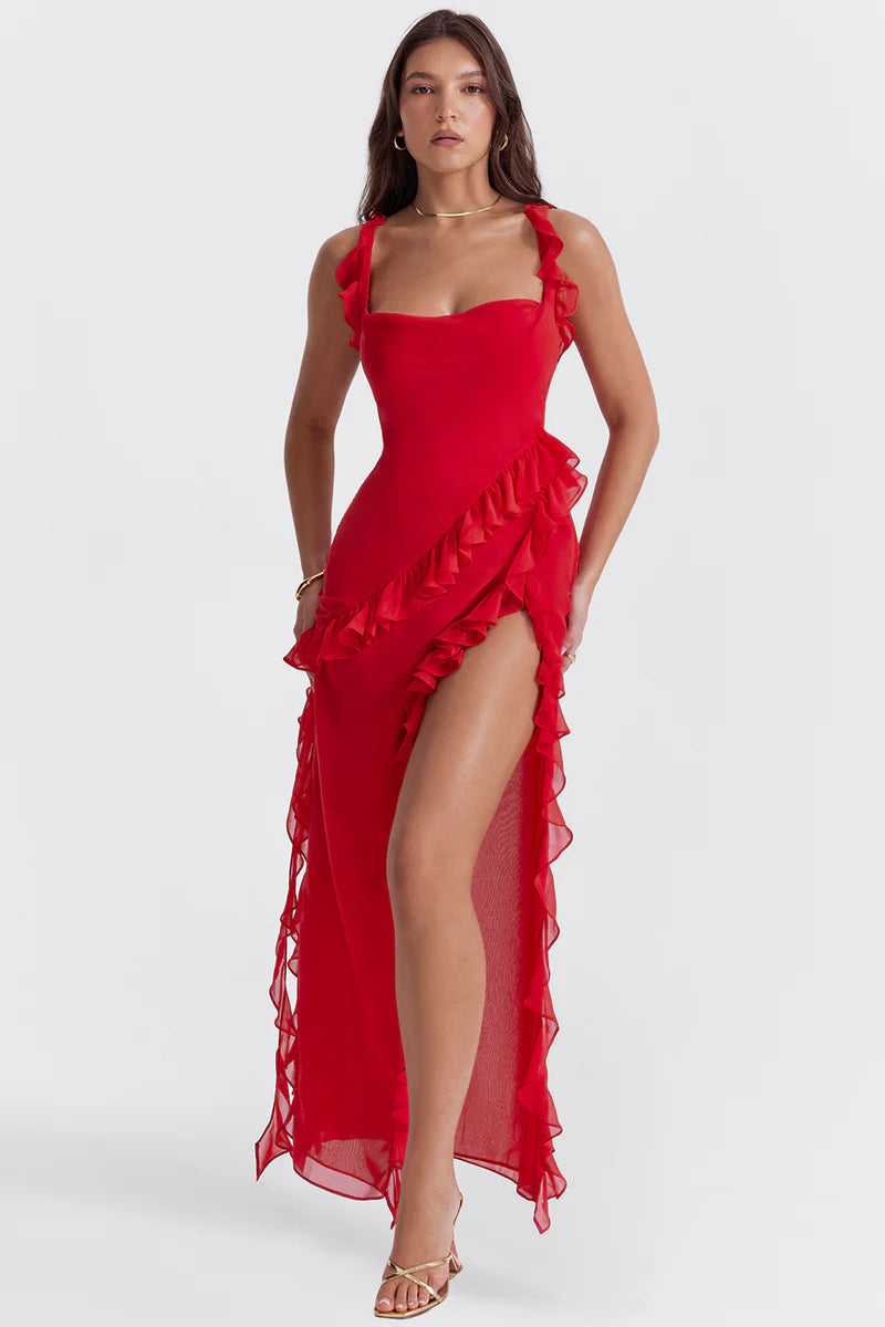 Ariela Cherry Ruffle Maxi Dress