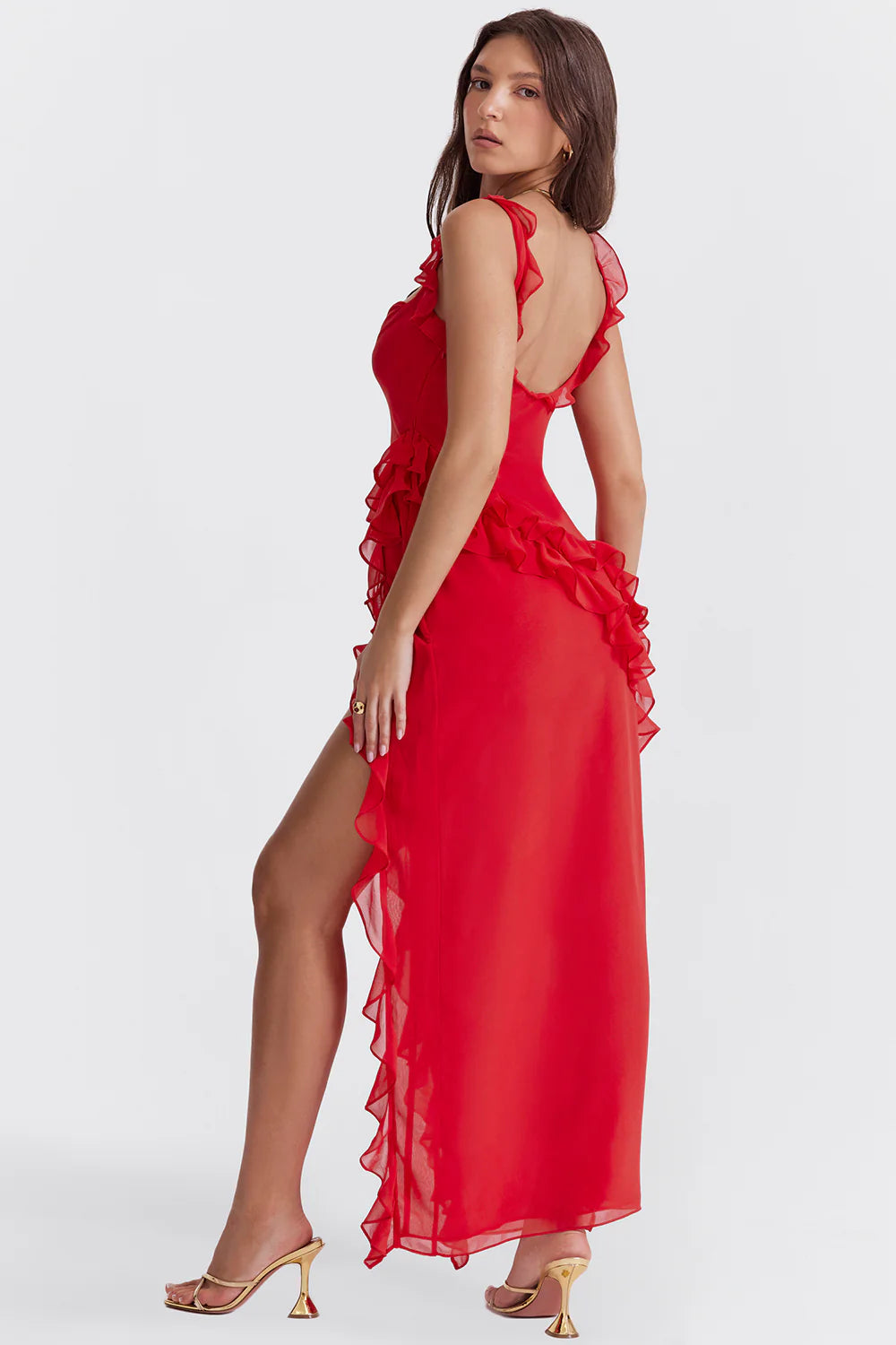 Ariela Cherry Ruffle Maxi Dress