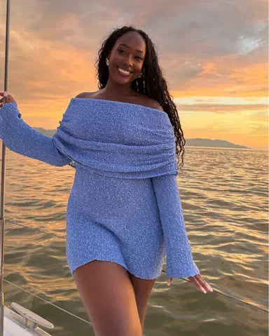 Marisol Off Shoulder Boucle Mini Dress - Periwinkle